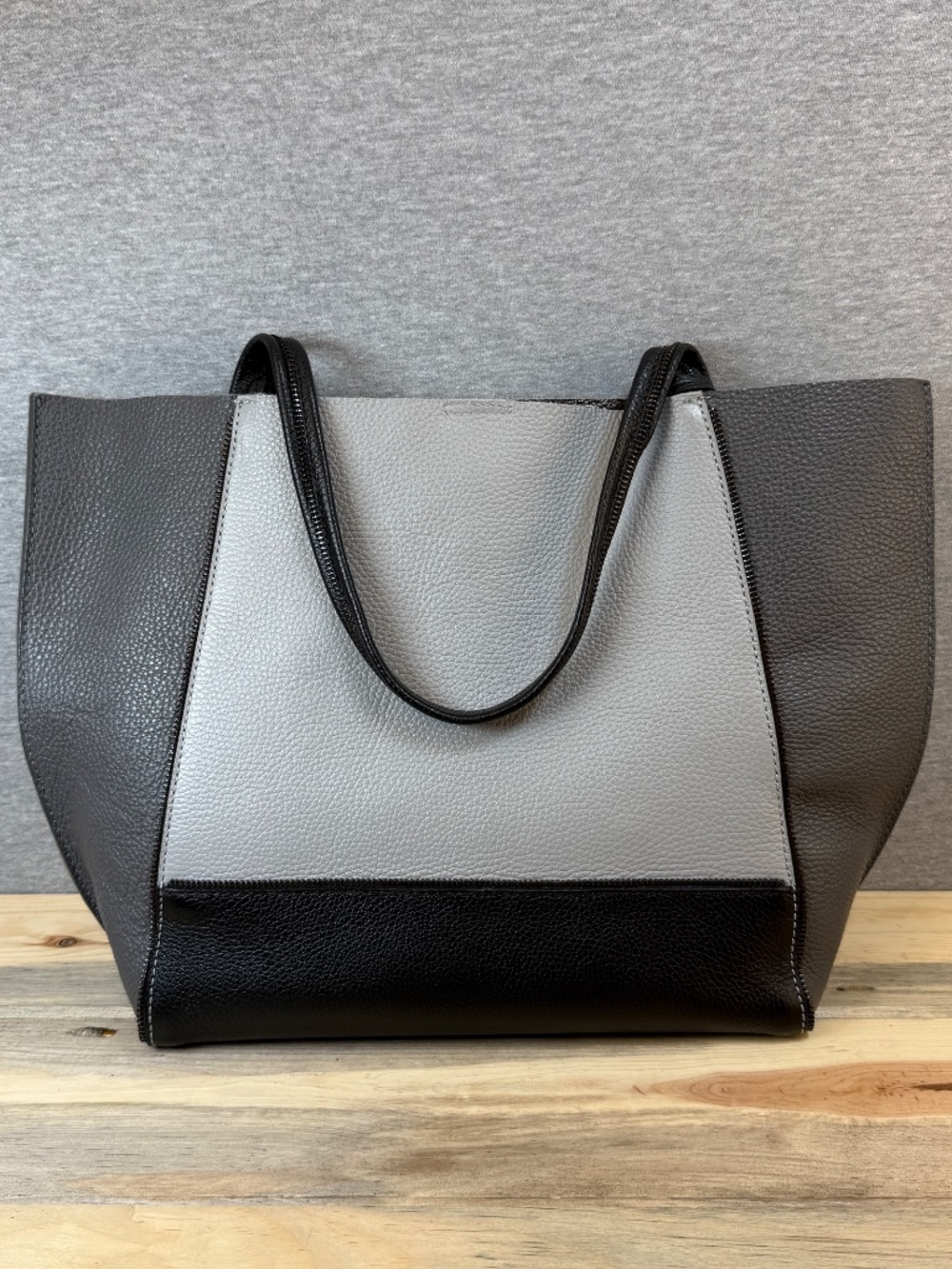 Botkier New York Pebbled Leather Tote Black Gray Ivory Zipper Trim Tri Color - Picture 3 of 16